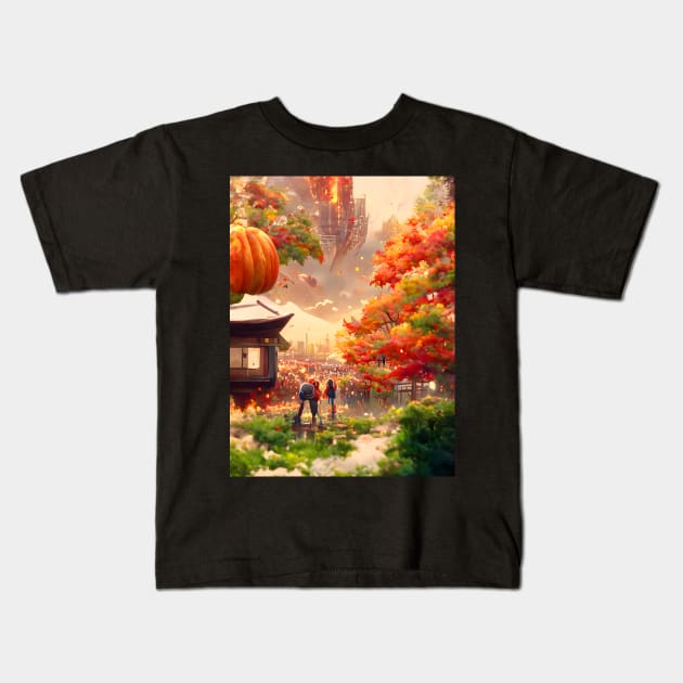 Japanese Temple Autumn Fall Garden Towards the Pumpkin Spice Magical Sky Kids T-Shirt by DaysuCollege